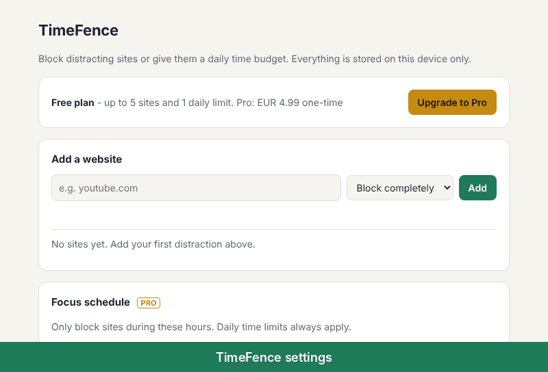 Demo: in TimeFence settings, youtube.com is added with a 30-minute daily limit; the toolbar popup shows it on the list; once the 30 minutes are used, youtube.com opens the TimeFence block page saying it is fenced off.